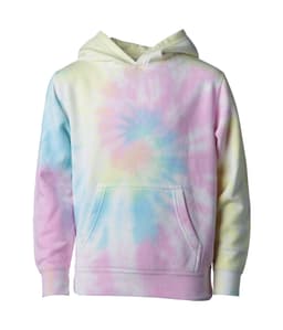 A tie-dye pullover hood in pastel colours, featuring a front pocket and a drawstring hood. It has a logo.
