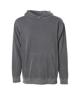 A grey pullover hoodie with a front pocket and a hood. It features a logo on the garment.