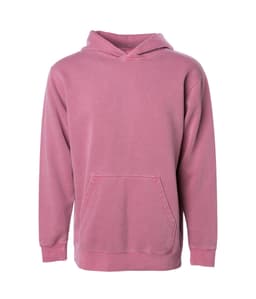 A pink youth pullover hoodie with a front pocket and a drawstring hood, featuring a logo.