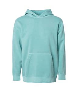 A youth pullover hoodie in a soft turquoise colour featuring a front pocket and a classic hood.