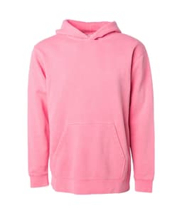 A pink pullover hoodie with a front pocket and a hood, featuring a logo.