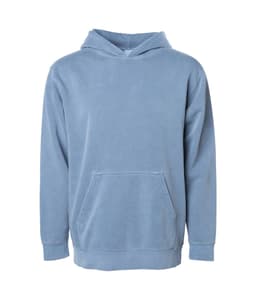 A blue pigment dye pullover with a hood and front pocket, featuring a simple design and relaxed fit.