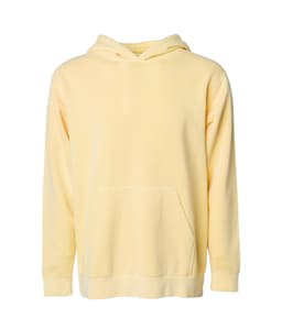 A yellow pigment dye pullover hoodie with a front pocket and a hood. It has a simple design and features a logo.