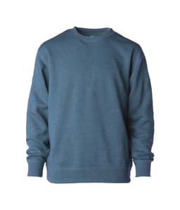 A crew neck sweatshirt in a muted blue colour. It has long sleeves and minimal design, featuring a logo.