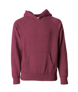 A maroon hoodie with a front pocket and a hood, featuring raglan sleeves and a simple design.