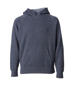 A navy blue hoodie with a front pocket and a relaxed fit. It features a double-lined hood and raglan sleeves.
