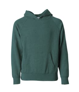 A green hoodie featuring a kangaroo pouch and a hood, with raglan sleeves and a logo.