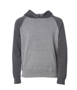 A grey and dark grey raglan hoodie featuring a front pocket and a hood. The item has a simple, casual design.