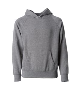 A grey hoodie with a front pouch pocket and a drawstring hood. It features raglan sleeves and a minimalistic design.