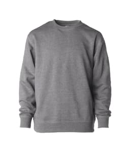 A grey crew neck sweatshirt with long sleeves and a relaxed fit. It features a simple design and has a logo on it.