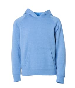 A blue hoodie with a front pocket and a hood, featuring a logo on the front.