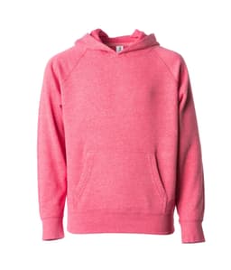 A pink hoodie with a front pocket and a drawstring hood, featuring raglan sleeves and no visible branding.