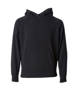 A black hooded sweatshirt with a front pocket and raglan sleeves, featuring a simple design with no visible branding.