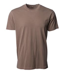 A premium pigment dye t-shirt in a muted brown colour, featuring a round neckline and short sleeves. It has a logo.