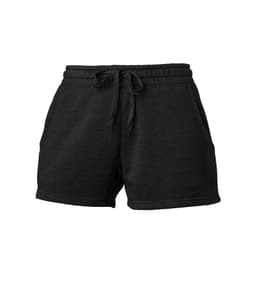 A pair of black sweatshorts with a drawstring waist and two side pockets. Features a logo on the waistband.