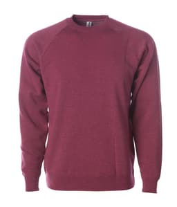 A maroon unisex sweatshirt with raglan sleeves and a crew neck. It features branding on the interior label.