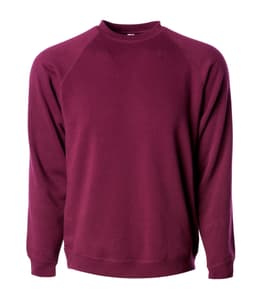 A maroon unisex crew sweatshirt with raglan sleeves and a round neckline. It has a logo on the front.