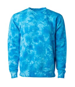 A blue tie-dye crew sweatshirt with a soft texture and a simple design. It features a logo on the front.