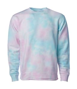 A unisex crew sweatshirt in soft pastel tie-dye shades of pink and blue, featuring a logo on the front.
