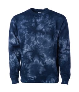 A unisex crew sweatshirt featuring a navy blue tie-dye pattern and a logo.