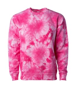 A pink tie dye crew sweatshirt with a floral pattern and a branding logo on the front.