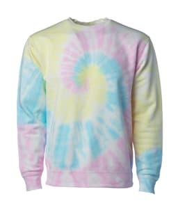 A unisex crew sweatshirt in pastel tie-dye colours of pink, yellow, and blue. Features a logo on the front.