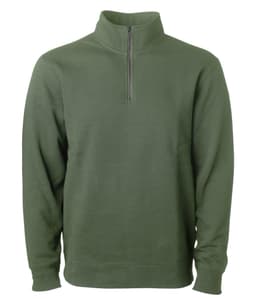 A unisex quarter zip pullover in olive green, featuring a high collar and a zip closure. It has a simple design with a logo.