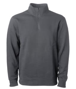 A grey unisex pigment dye quarter zip sweatshirt with long sleeves and a high collar. It has a branding logo.