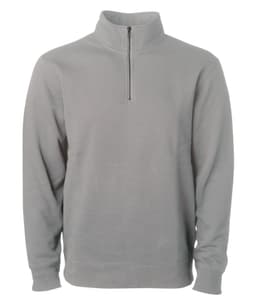 A unisex pigment dye quarter zip in grey, featuring long sleeves and a front zip. It has a logo on it.