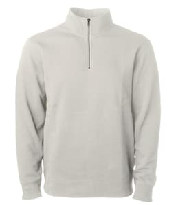 A unisex quarter zip sweatshirt in a light grey pigment dye with a zippered neck and long sleeves.