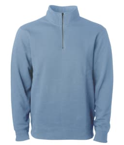 A unisex quarter zip pullover in light blue, featuring a zippered neck and long sleeves, with a logo on the chest.
