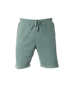 A pair of men's sweatshorts in a muted green pigment dye, featuring an elastic waistband and drawstring.