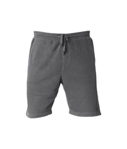 A pair of grey pigment-dyed sweatshorts with an elastic waistband and drawstring detail.