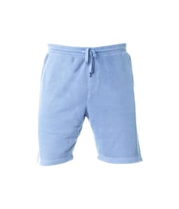 A pair of light blue pigment dye sweatshorts with an elastic waistband and drawstring. Features a logo.