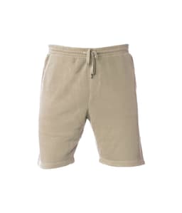 A pair of light beige sweatshorts featuring an elastic waistband and drawstring, with a branding logo on the side.