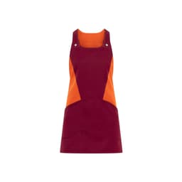 A maroon and orange Levante apron with a pinafore design, featuring two front pockets and snap buttons.