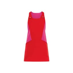A red and pink apron/pinafore featuring pockets and a button detail, suitable for various uniform purposes.