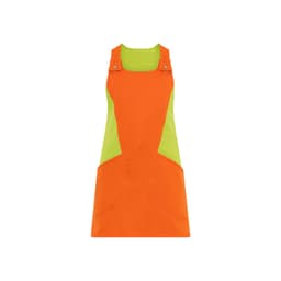 An orange and green Levante apron/pinafore with pockets and adjustable straps, featuring a logo.
