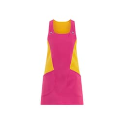 A pink and yellow apron with adjustable straps and pockets on the front, featuring a logo.