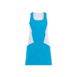 A turquoise apron with white panels, featuring a modern design and two front pockets. It has a logo.