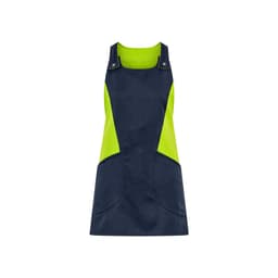 A navy and lime green apron/pinafore with a stylish design and pockets, featuring branded elements.