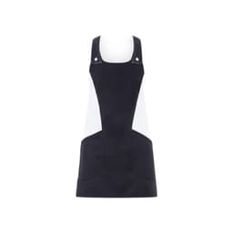 A black and white apron with shoulder straps and large front pockets, featuring a logo on the front.