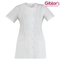 A white short-sleeved tunic featuring buttons and two front pockets, branded with a logo.
