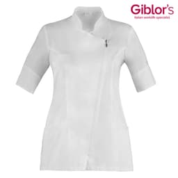 A white tunic with short sleeves and a zip closure, featuring pockets and a logo.