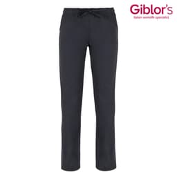 Black pants with a drawstring waistband and a straight leg design, featuring a branding logo.