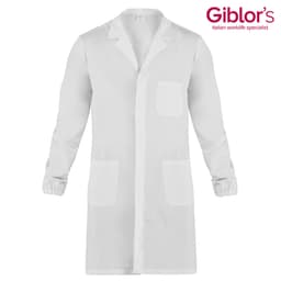 A white lab coat with long sleeves, featuring a pocket on the chest and two front pockets. It has a logo in the corner.