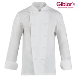 A white chef jacket with a double-breasted design and long sleeves. It features a logo on one sleeve.