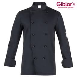 A black chef jacket featuring double-breasted buttons and long sleeves, with a logo on the sleeve.
