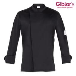 A black chef jacket with a mandarin collar and long sleeves, featuring a logo on the sleeve.
