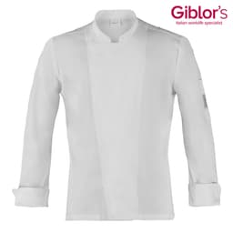 A white chef jacket with a neat collar and long sleeves, featuring a logo on one sleeve.
